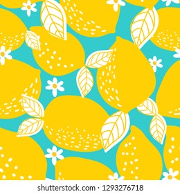 Seamless pattern with whole lemons and leaves. Vector illustration. Can be used for textile, clothing, wrb, scrapbooking, wallpaper