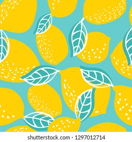 Seamless pattern with whole lemons and leaves. Vector illustration. Can be used for textile, clothing, wrb, scrapbooking, wallpaper