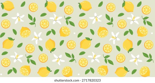 Patrón sin fisuras con limones enteros y rebanadas, hojas verdes y flores. Fondo de cítricos en estilo italiano para la decoración de platos, impresiones de tela, póster y papel de regalo
