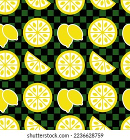 seamless pattern with whole lemons and its slices on green checkered background