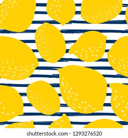 Seamless pattern with whole lemons and stripes. Vector illustration. Can be used for textile, clothing, wrb, scrapbooking, wallpaper