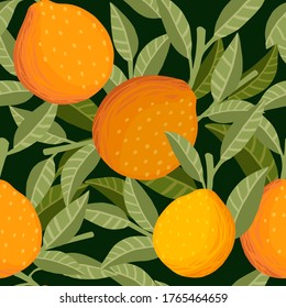 Seamless pattern of whole orange citrus with green leaves flat vector illustration on dark green background