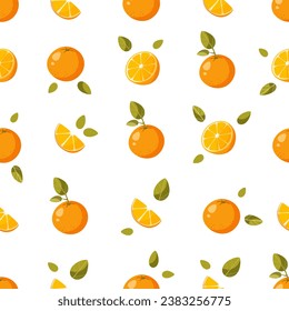 Seamless pattern, whole oranges, halves and orange slices, with green leaves on a white background. Fruit background. Ideal for textile production, wallpaper, posters, etc. Vector illustration.