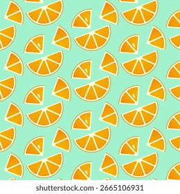 Seamless pattern with whole oranges and juicy slices on a mint background. Bright tropical fruit design for food, kitchen, packaging, and summer themes
