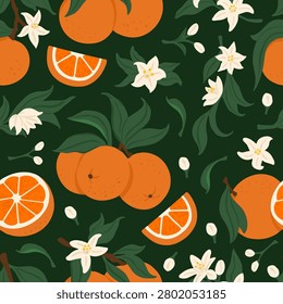 Seamless pattern of whole oranges, orange slices, white citrus flowers, dark green leaves and buds on a deep green background. Round fruit segments, stems and blossoms repeat across the green surface