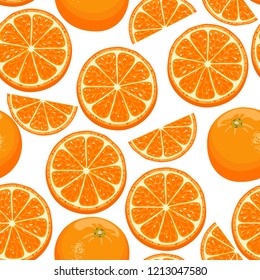 Seamless pattern with whole oranges and slices on white background. Vector illustration of bright colored citrus fruits in cartoon flat style.