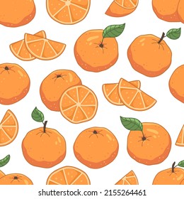 Seamless pattern with whole oranges and slices on a white background. Vector fruit illustration background.