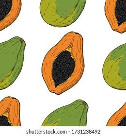 Seamless pattern of whole papaya and papaya half. Vector cartoon background. Hand-drawn style.