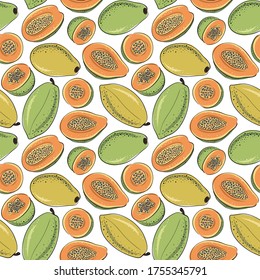 Patrón sin foco de papaya entera y mitad de papaya. Caricatura vectorial y fondo de esbozo. Estilo dibujado a mano.