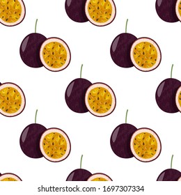 Seamless pattern with whole passion fruit and half on white background. Tropical vegetarian food background.