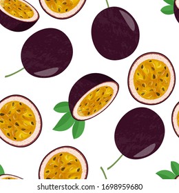 Seamless pattern with whole passion fruit and half on white background. Tropical vegetarian food background.
