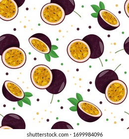 Seamless pattern with whole passion fruit and half on white background. Tropical vegetarian food background.