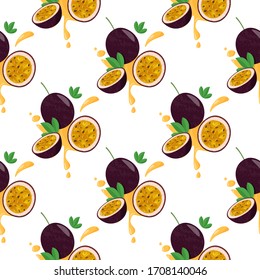 Seamless pattern with whole passion fruit and half on white background. Tropical vegetarian food background.