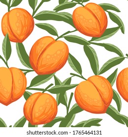 Seamless pattern of whole peaches with green leaves. Flat vector illustration on white background