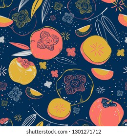Seamless pattern with whole persimmon and slice. Vector illustration.