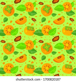 Seamless pattern with whole persimmon and slice on a green background. Vector illustration. Hand drawn object. Fruit sketch style wallpaper. Detailed vegetarian food sketch.