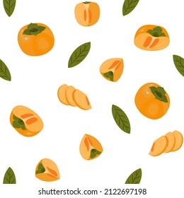 Patrón sin foco con persimones enteros y rodajas. Ilustración vectorial.