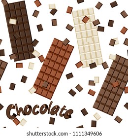 Seamless pattern of whole and pieces of chocolate, lettering. World Chocolate Day. Vector illustration