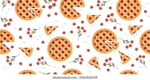 Seamless pattern of whole and pieces of pies with jam and berries on a white background. Food pastry pie background, illustration