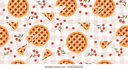 Seamless pattern of whole and pieces of pies with jam and berries on a checkered background. Food pastry pie background, illustration