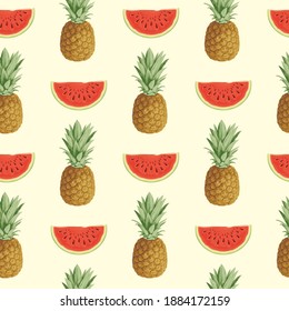 Seamless pattern with whole pineapple fruit and juicy watermelon slices on a light backdrop. Summer vector background with sweet watermelon chunks and pineapples. Wallpaper, wrapping paper, fabric