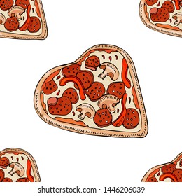 Seamless pattern with whole  pizza in heart shape isolated on white background. Hand drawn ink  and colored sketch. Vector illustration.