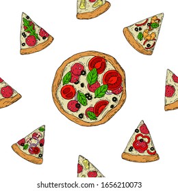 Seamless pattern of whole pizza and slices of pizza. Vector cartoon background. Hand-drawn style.