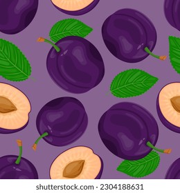 Seamless pattern of whole plums and halves, green leaves. Ripe berries. Fruit picking. Vector illustration in a flat style for menu design, recipes.