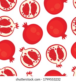 seamless pattern whole pomegranate fruits and half with seeds isolated on white background, fresh organic food, vector illustration