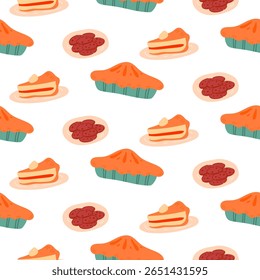 Seamless pattern with whole pumpkin pies, cake slices, and cookies in flat cozy autumn style on white background. Fall designs, fabric prints, wrapping paper, textiles, packaging and scrapbooking.