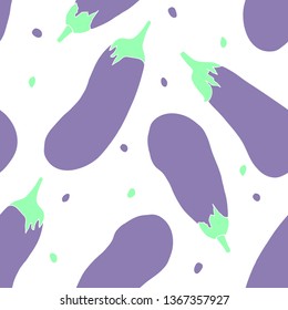 Seamless pattern with whole purple eggplants and seeds. Art can be used for menu; packimg; wallpaper. 
