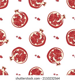 Seamless pattern with whole red pomegranate. Healthy bright fruits print on white background. Sweet food for diet. Vector flat illustration