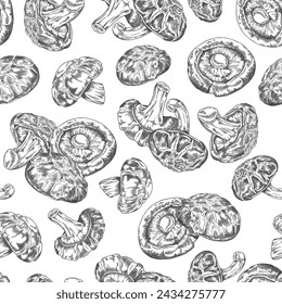 Seamless pattern with whole shiitake mushrooms engraved hand drawn vector illustration. Asian raw forest fungus or fungi. Natural organic vegetarian food. Sketch design on white background