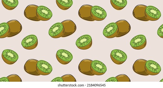 Seamless pattern whole and slice kiwi isolated on white background. Vector illustration, hand drawn or doodle style. Suitable for wallpapers, web page backgrounds, surface textures, textiles.
