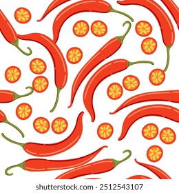 Seamless pattern of whole and slice of red chili pepper. Repeatable wallpaper. Spicy red vegetable, hot peppers. Vector illustration on white background