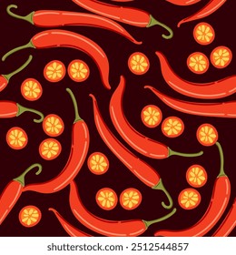 Seamless pattern of whole and slice of red chili pepper. Repeatable wallpaper. Spicy red vegetable, hot peppers. Vector illustration on dark background