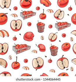 Seamless pattern with  whole and sliced apples. Hand drawn  sketch with red apples and basket isolated on white  background. Vector illustration.