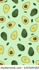 Seamless pattern whole and sliced avocado on bright green background, Vector illustration