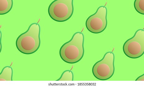Seamless pattern whole and sliced avocado on bright green background, Vector illustration.