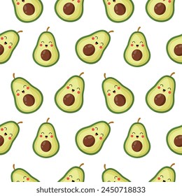 Seamless pattern whole and sliced avocado on bright green background, Vector illustration.
