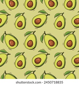 Seamless pattern whole and sliced avocado on bright green background, Vector illustration.
