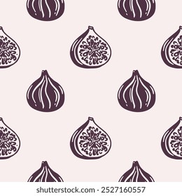 Motif harmonieux de figues entières et tranchées sur fond beige. Concept de récolte de fruits et d'aliments biologiques. Art de ligne noir dessiné à la main. Image vectorielle conception d'automne