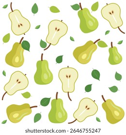 Seamless pattern with whole and sliced ​​pears and green leaves on transparent background. Fresh fruit design in flat style. Perfect for fabric, packaging, kitchen decor and healthy food themes.
