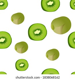 Nahtlose Muster von ganzen und geschnittenen Kiwi. Vektorgrafik einzeln auf weißem Hintergrund. Muster für Gewebe, Textilien, Menü, Verpackung, Website.