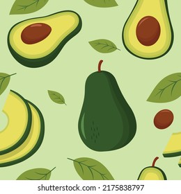 Patrón sin soldadura entero, rebanado y hojas aguacate sobre fondo verde brillante