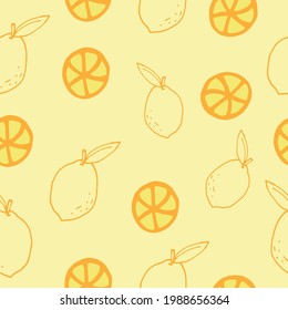 seamless pattern with whole and sliced lemon fruit illustration on orange background. hand drawn vector. doodle art for wallpaper, backdrop, fabric, textile, wrapping paper and gift. fresh and healthy