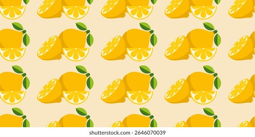 Seamless Pattern with Whole and Sliced Lemons on Light Yellow Background. Perfect For Textiles, Wallpapers, Wrapping paper, and Summer Themed Projects.