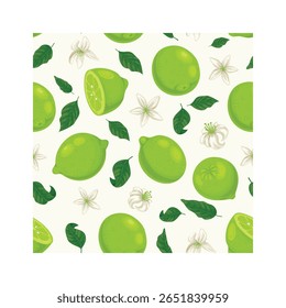 Padrão contínuo com limas inteiras e fatiadas e flores de limão com folhas deitadas sobre um fundo amarelo claro, criando um design vibrante e refrescante