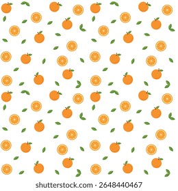 Seamless pattern with whole and sliced oranges and green leaves on a transparent background. Bright citrus design in flat style. Perfect for fabric, wallpaper, packaging, and summer food themes.
