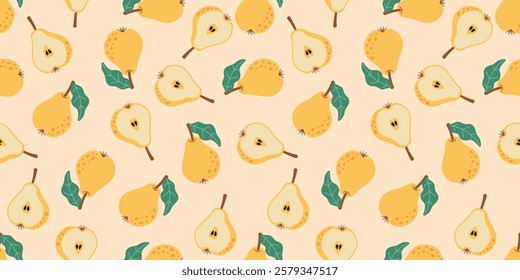 Seamless Pattern of Whole and Sliced Pears. Vector seamless digital pattern featuring whole and sliced pears with green leaves on light background, ideal for textiles, wallpapers and packaging